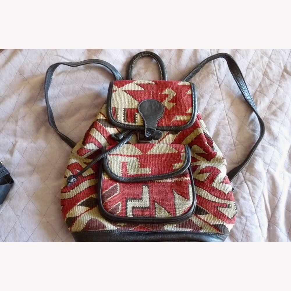 Vintage Turkish Handwoven Wool Kilim and Leather Boho Ethnic Backpack purse